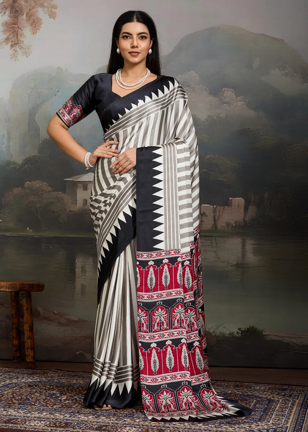 Black And White Printed Satin Silk Saree