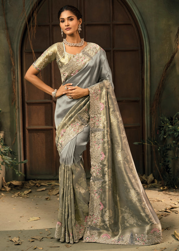 Rich Grey Designer Embroidered Silk Saree