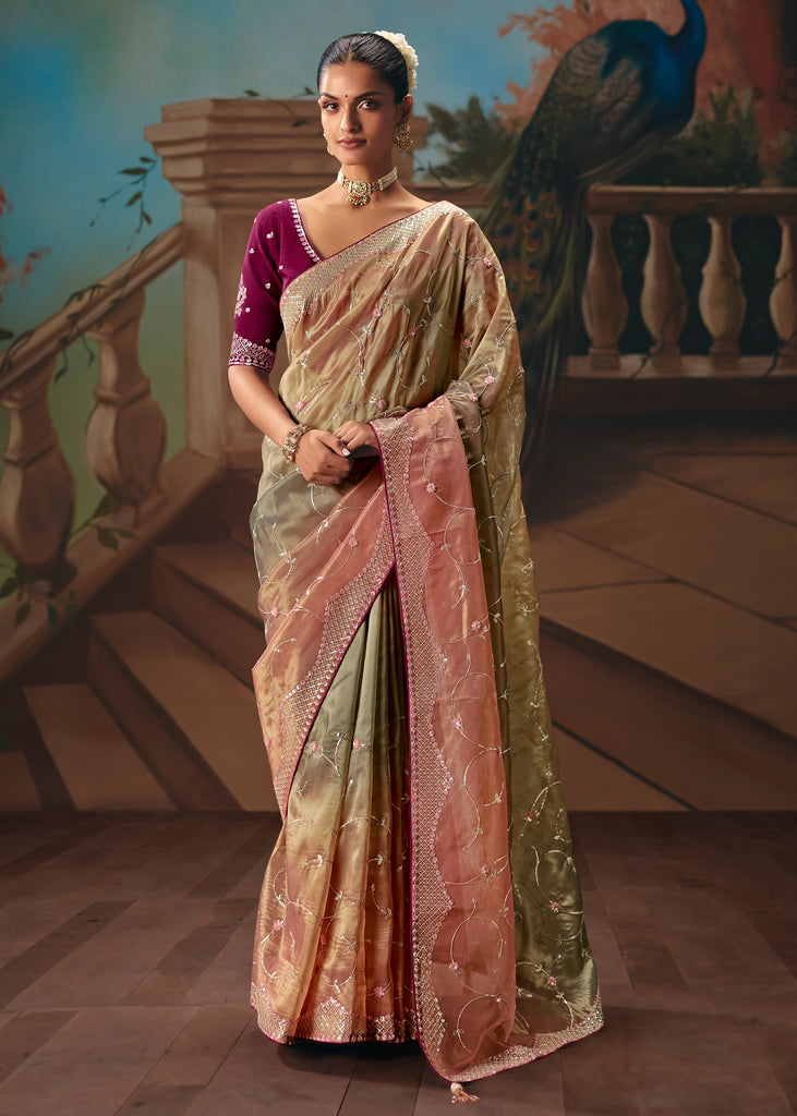 Golden And Pink Embroidered Designer Saree