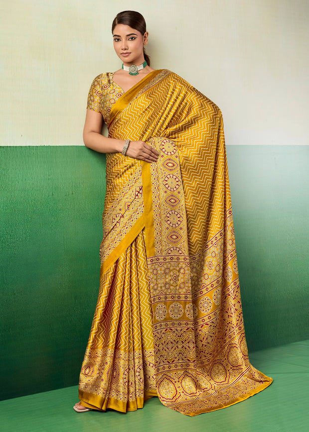 Golden Yellow Printed Satin Silk Saree
