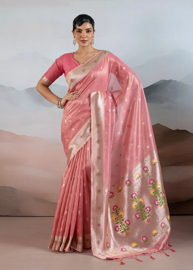 Salmon Peach Woven Banarasi Tissue Silk Saree