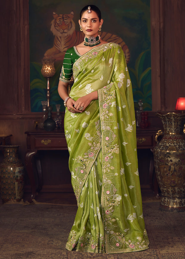 Sage Green Designer Embroidered Saree
