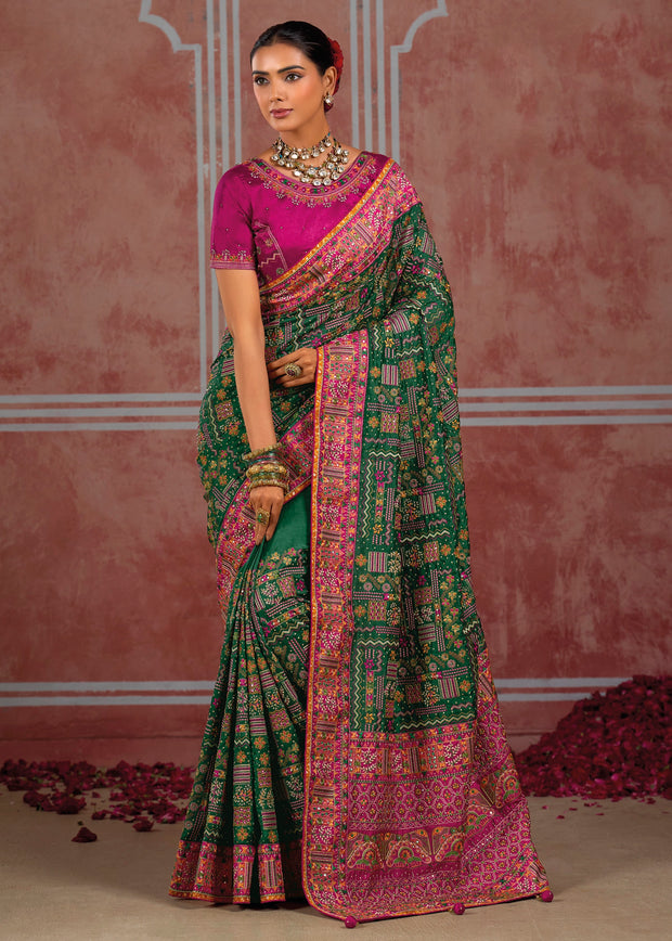 Forest Green Embroidered Designer Saree