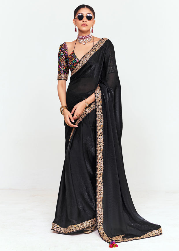 Jet Black Designer Embroidered Tissue Saree