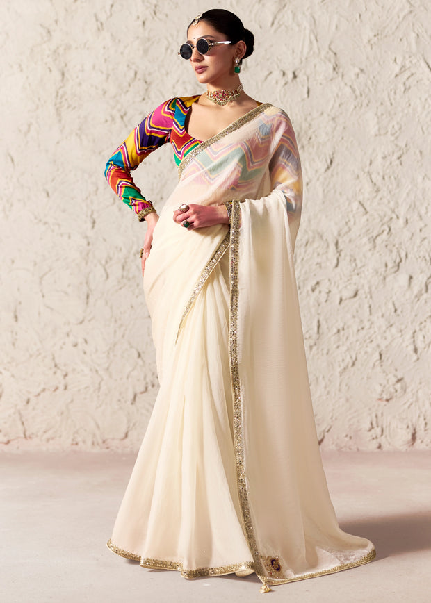 Snow White Designer Organza Tissue Silk Saree With Printed Blouse