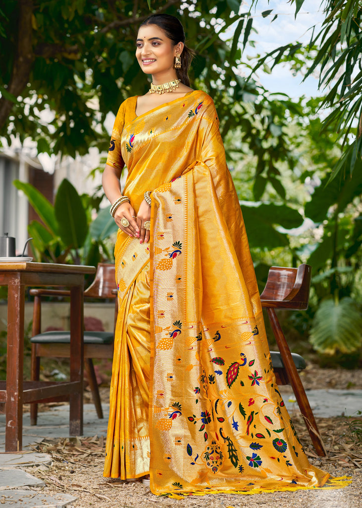 Bright Yellow Woven Paithani Silk Saree