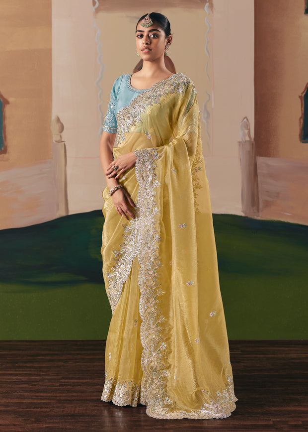 Pastel Yellow Embroidered Designer Saree
