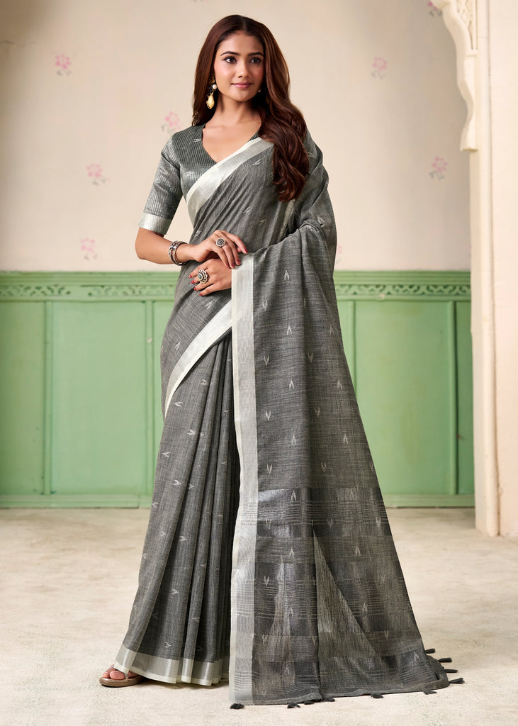 Fossil Grey Woven Linen Silk Saree