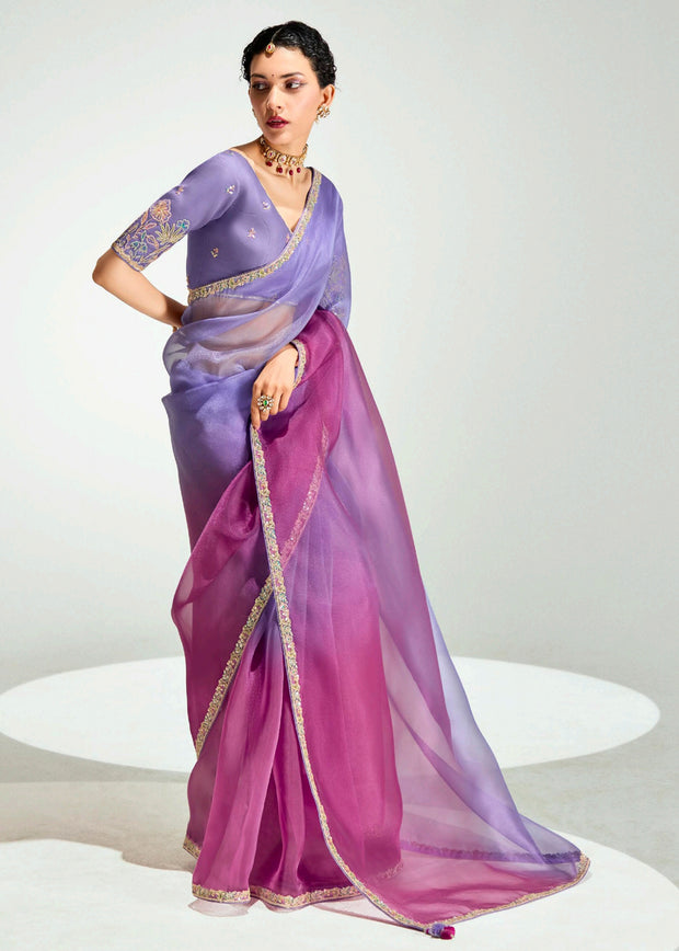Purple ombre tissue saree with embroidered blouse