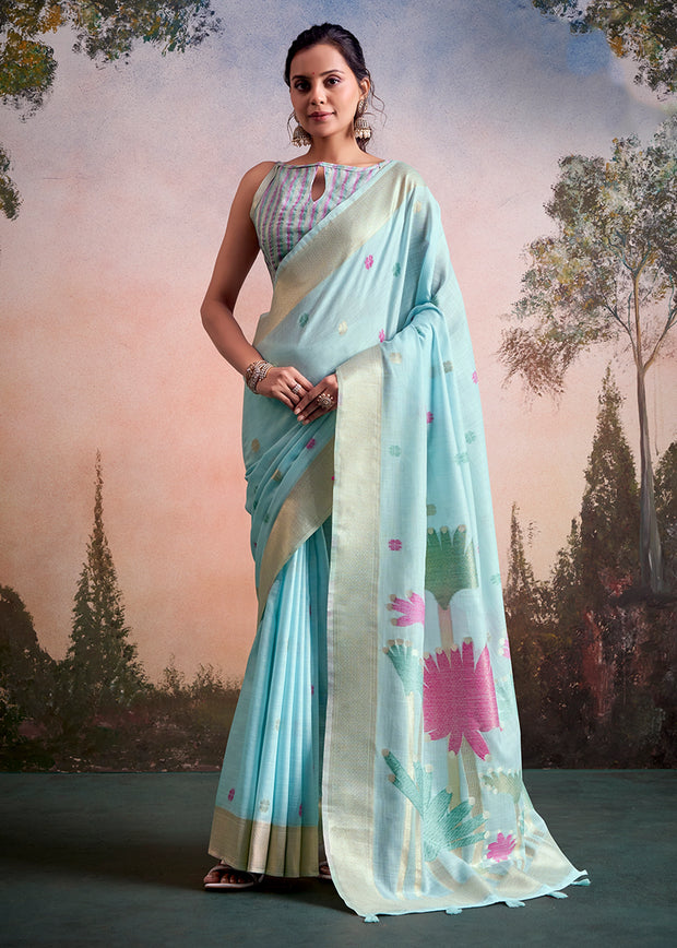 Angel Blue Woven Linen Cotton Silk Saree
