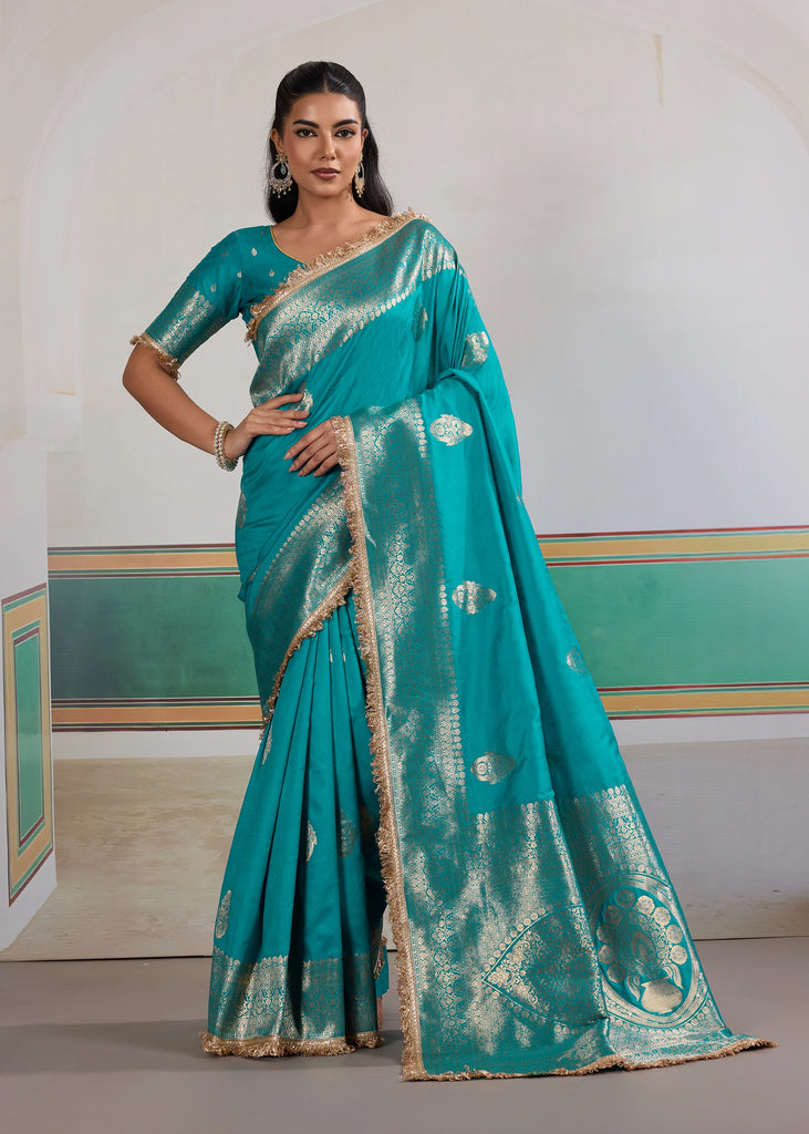 River Blue Woven Banarasi Satin Silk Saree