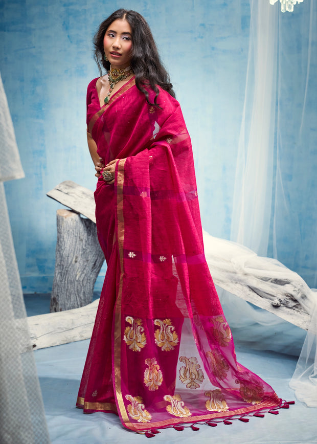 Magenta Pink Woven Cotton Silk Saree
