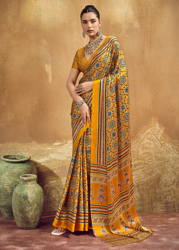 Golden Yellow Printed Satin Silk Saree