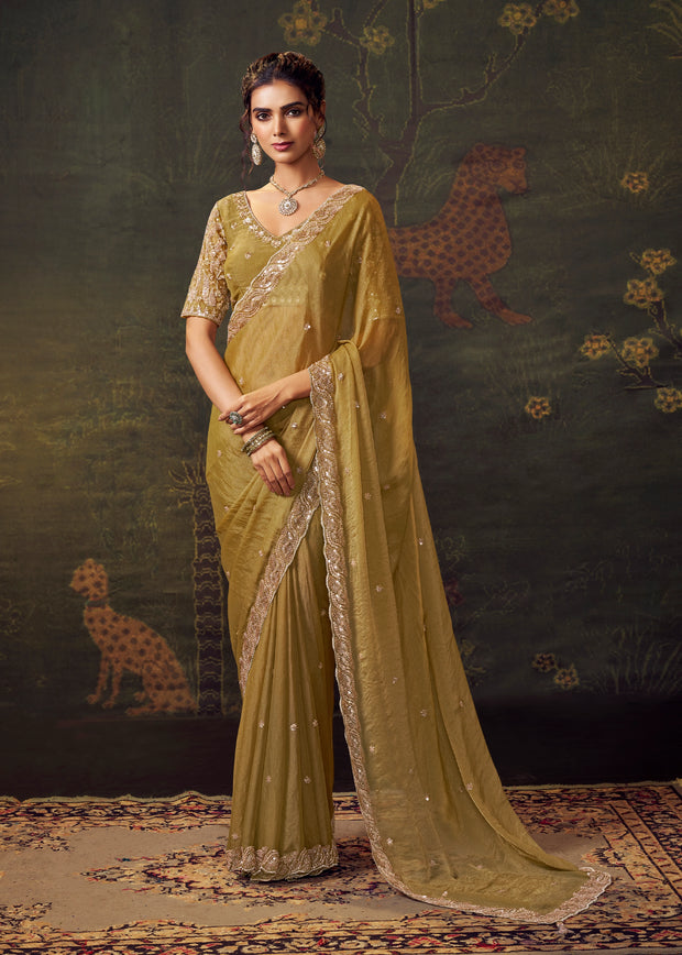 Olive Golden Designer Tissue Silk Saree