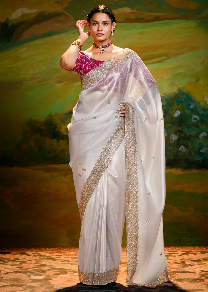 Vaporous Grey Heavy Embroidered Designer Silk Saree With contrast Blouse