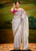 Vaporous Grey Heavy Embroidered Designer Silk Saree With contrast Blouse