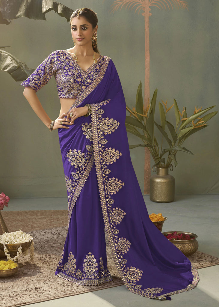 “Exclusive Offer” : Exquisite Purple Woven Embroidered Silk Saree