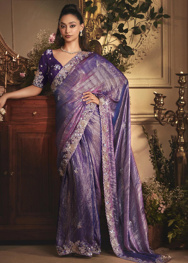 Grape Purple Designer Tissue Organza  Saree