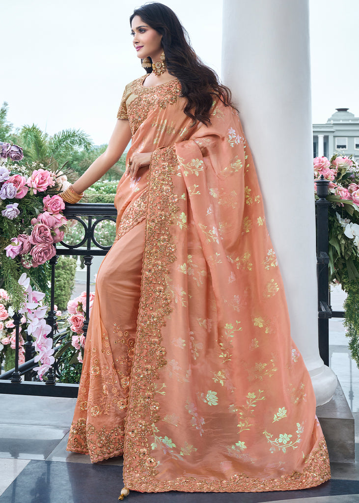 Coral Peach Heavy Embroidered Designer Silk Saree (10580179648705)