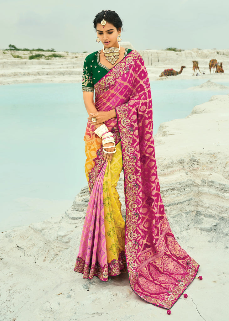 Yellow & Pink Woven Georgette Bandhej Designer Saree