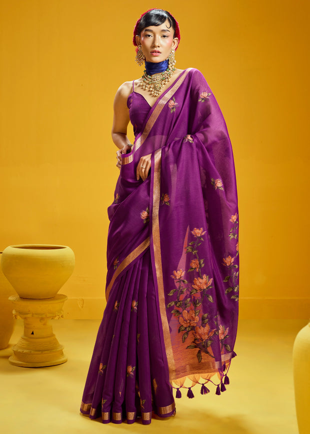Magenta Purple Woven Munga Cotton Silk Saree