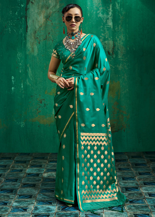 Marine Green Woven Banarasi Satin Silk Saree
