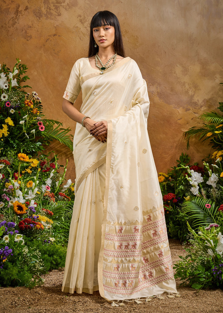 Elegant Cream Woven Banarasi Silk Saree