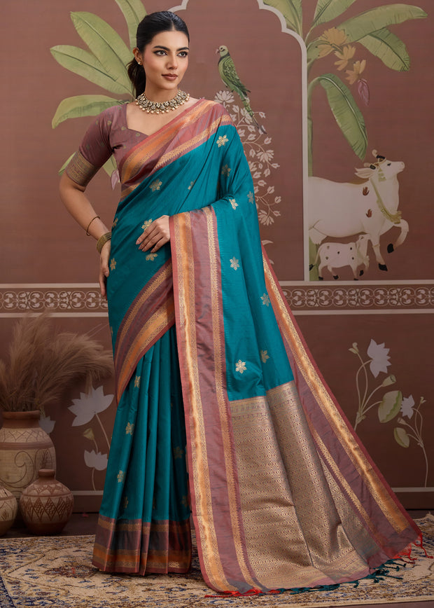 Teal Blue Woven Banarasi Tussar Silk Saree