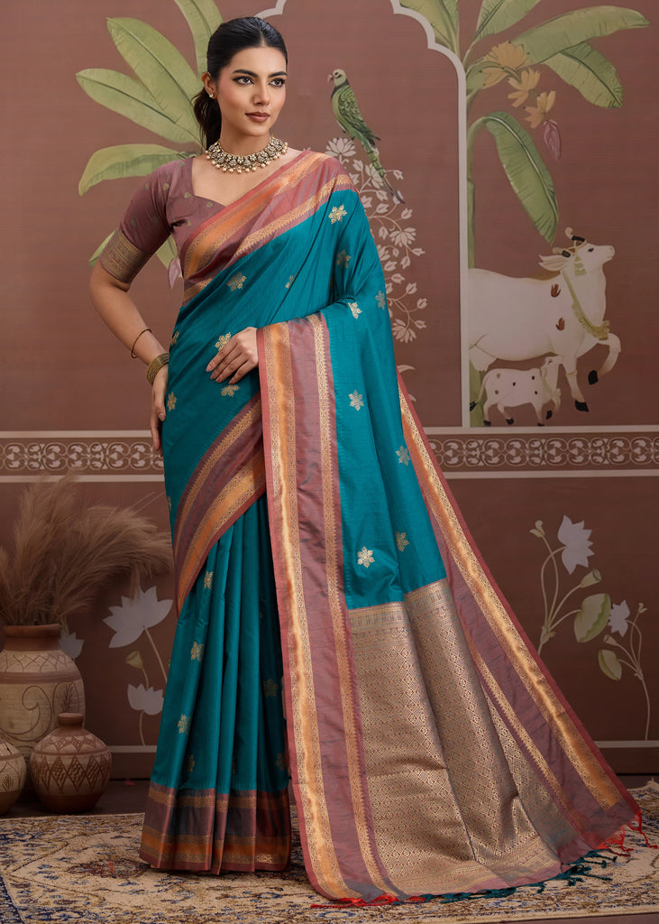 Teal Blue Woven Banarasi Tussar Silk Saree