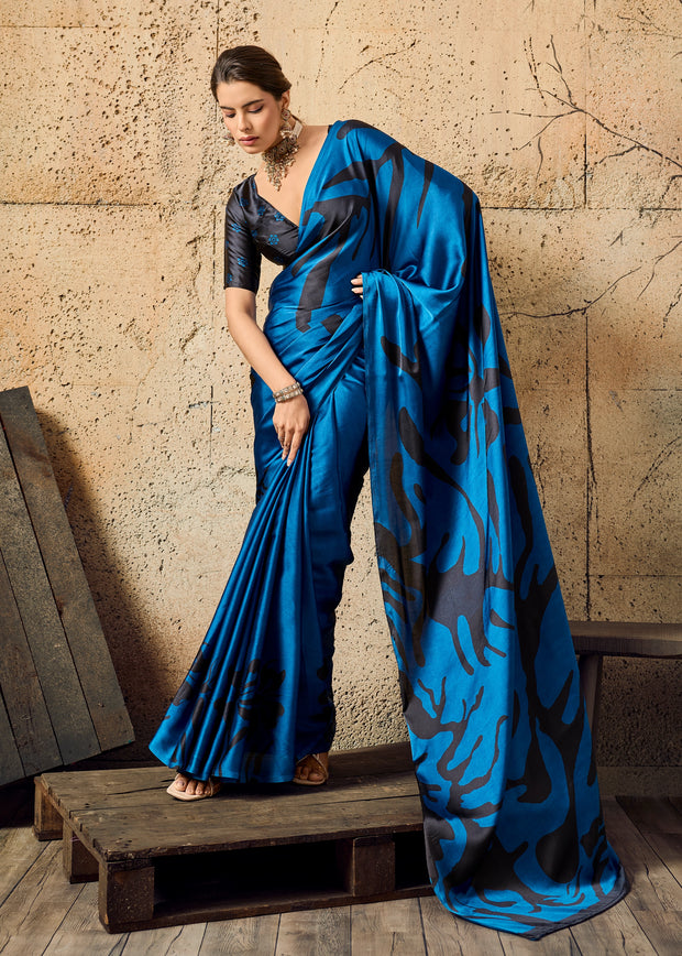 Victoria Blue Printed Satin Silk Saree