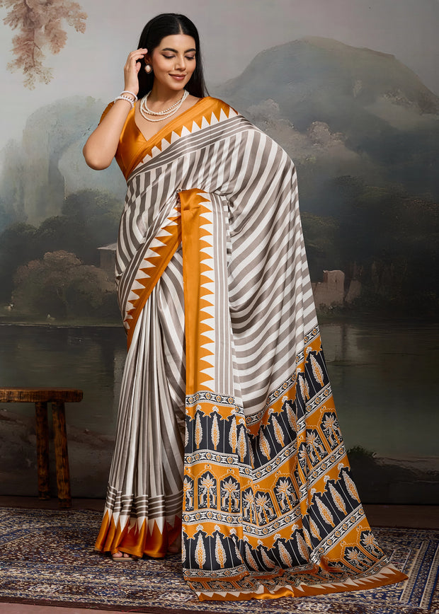 Golden Yellow And White Printed Satin Silk Saree
