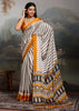 Golden Yellow And White Printed Satin Silk Saree