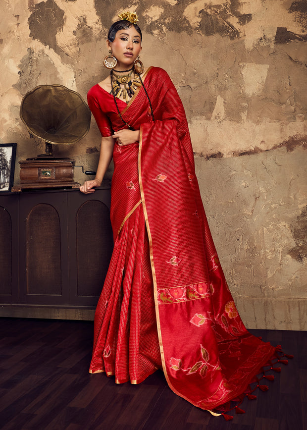 Cherry Red Woven silk saree