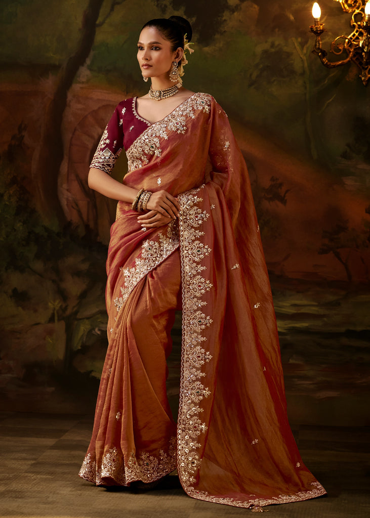 Rust Orange Embroidered Tissue Saree