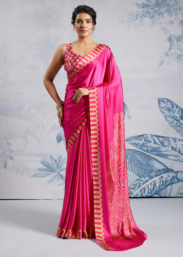 Magenta Pink Satin Silk Saree with Ajrakh Printed Pallu and Blouse
