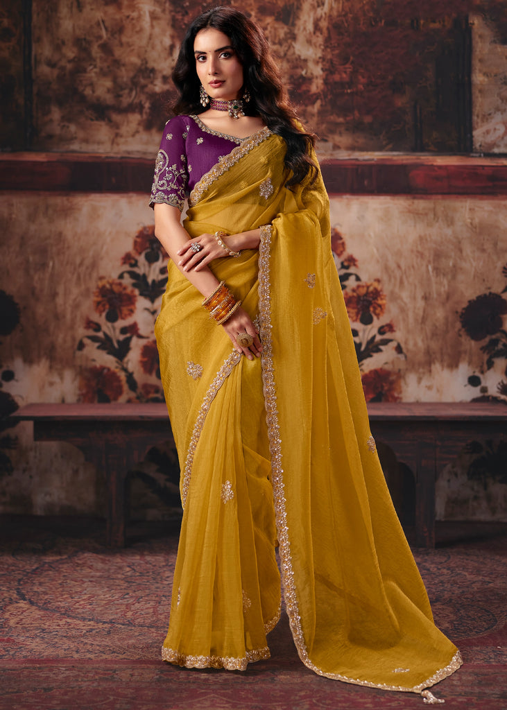 Yellow Designer Organza Saree With Embroidered Blouse