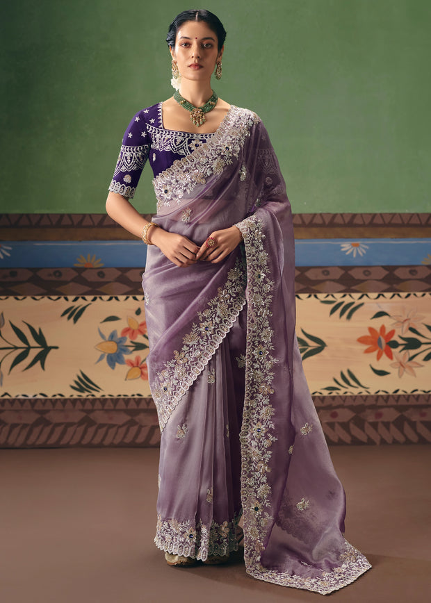 Mauve Purple Embroidered Designer Saree
