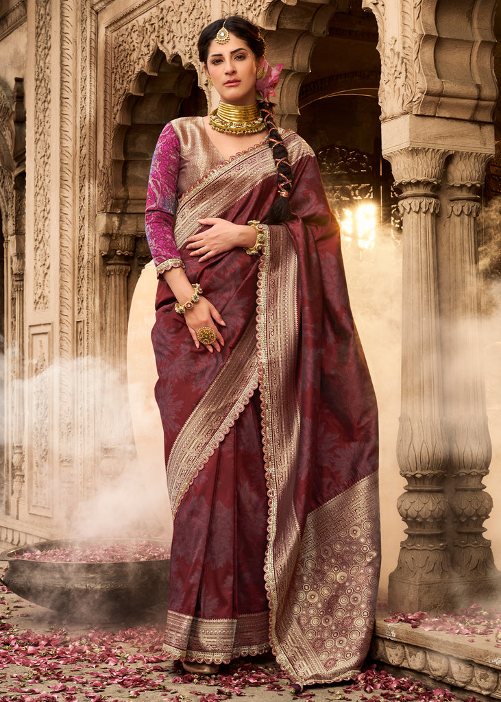 “Exclusive Offer” : Classy Maroon Woven Banarasi Silk Saree