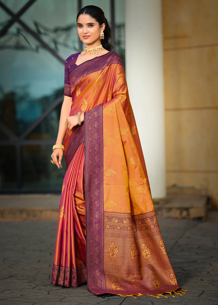 Apricot Orange Dual Tone Woven Banarasi Silk Saree