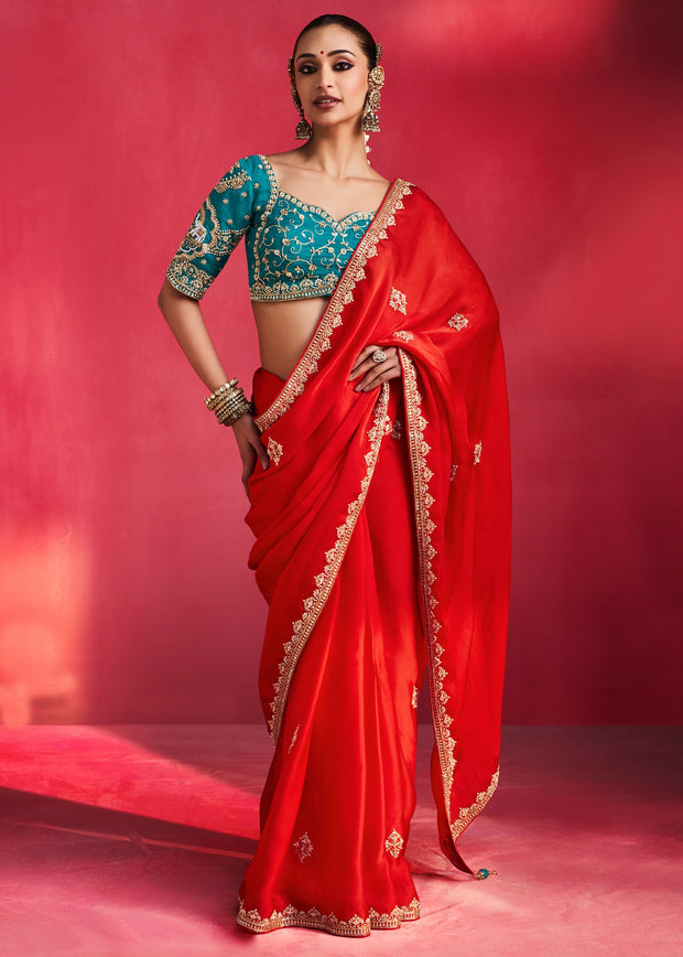Crimson Red Embroidered Soft Silk Saree With Contrast Blouse