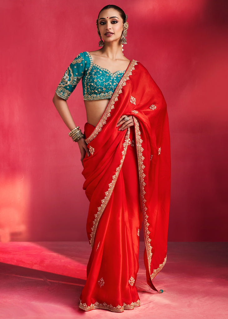 Crimson Red Embroidered Soft Silk Saree With Contrast Blouse