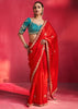 Crimson Red Embroidered Soft Silk Saree With Contrast Blouse