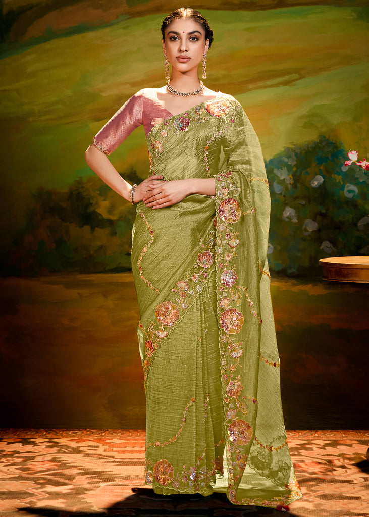 Henna Green Heavy Embroidered Designer Silk Saree With contrast Blouse