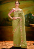 Henna Green Heavy Embroidered Designer Silk Saree With contrast Blouse