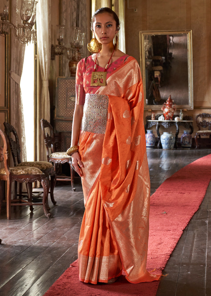 Blazing Orange Dual Tone Woven Banarasi Silk Saree
