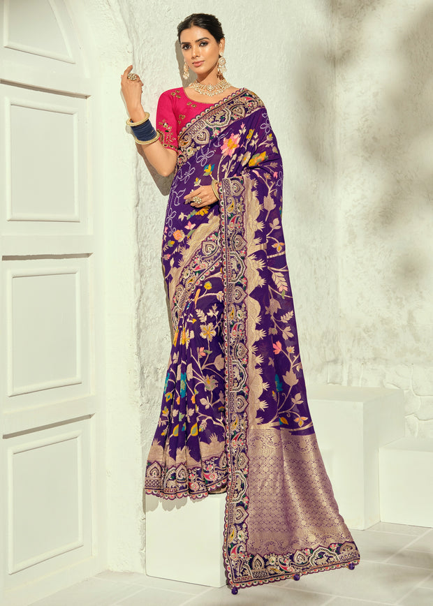 Purple Embroidered Georgette Bandhej Saree