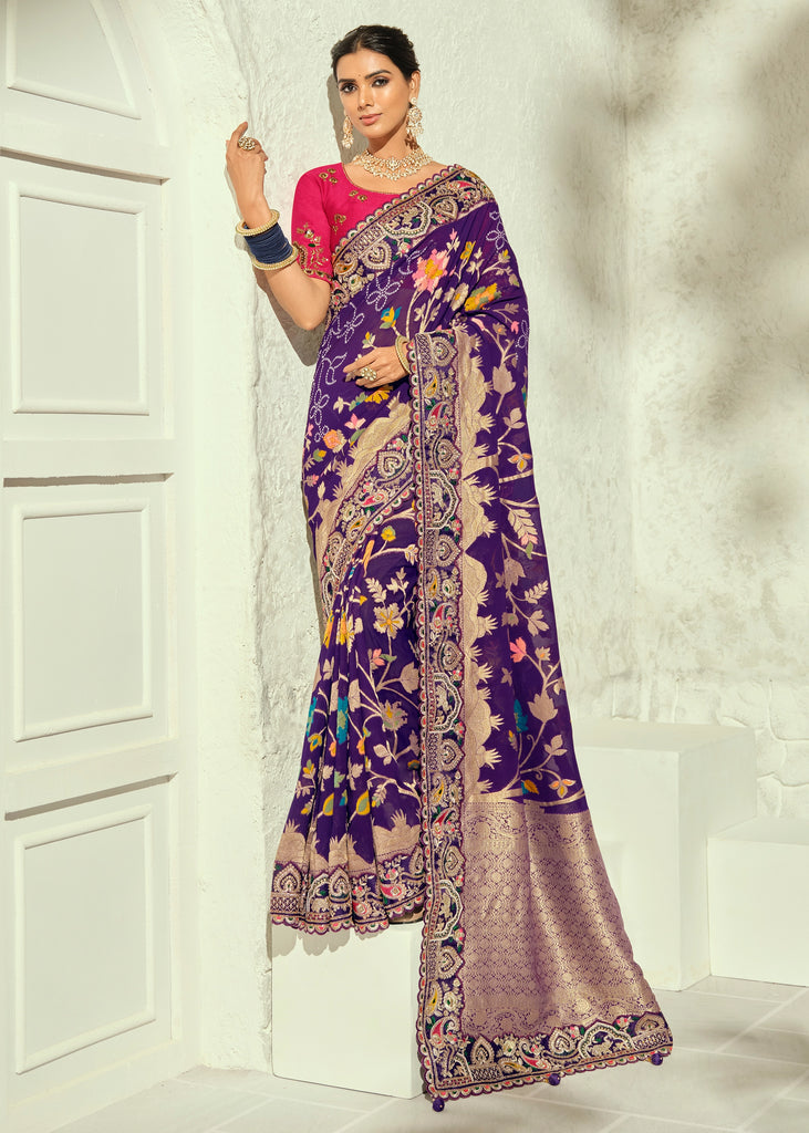 Purple Embroidered Georgette Bandhej Saree