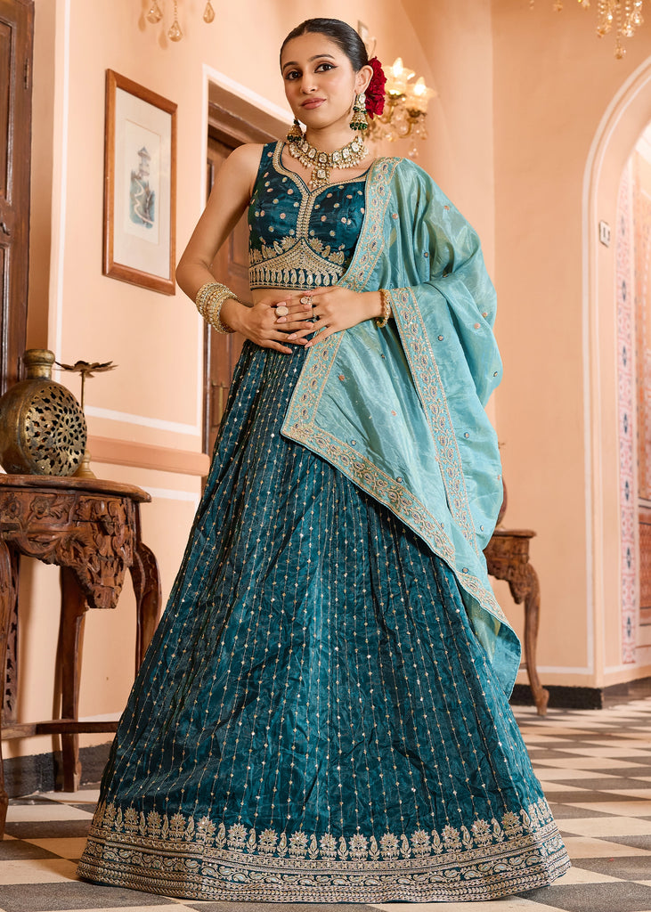 Coral Blue Tissue Silk Embroidered Lehenga