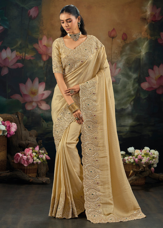 Classic Cream Embroidered Designer Saree