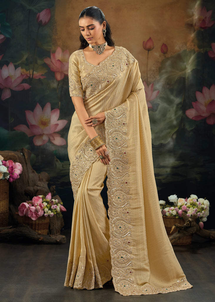 Classic Cream Embroidered Designer Saree